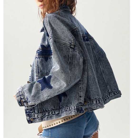 Vintage Look Star Print Button Denim Jean Jacket - Picture 6 of 7